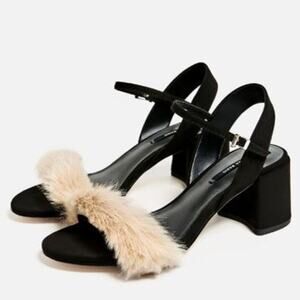 Zara faux fur vamp sandals size 10 (41) block heel 2.75" tall black and …